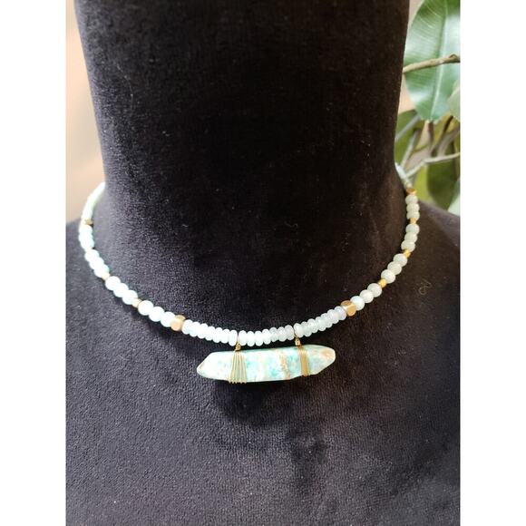 Beaded Choker Necklace Gold Wire Wrapped Natural Turquoise Blue Stone Boho - Picture 1 of 6
